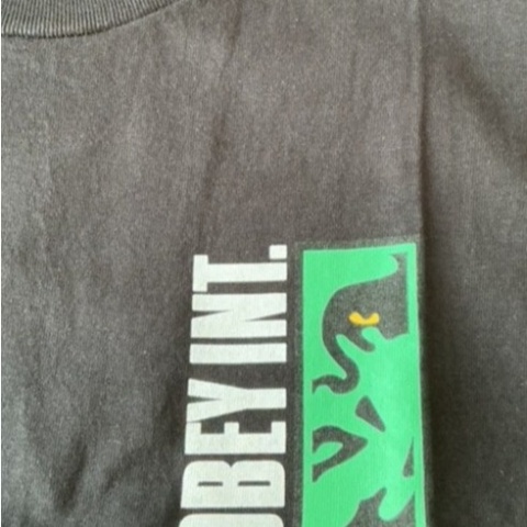 Zbliżenie na graficzny nadruk OBEY w kolorze zielonym i białym na czarnym T-shircie.